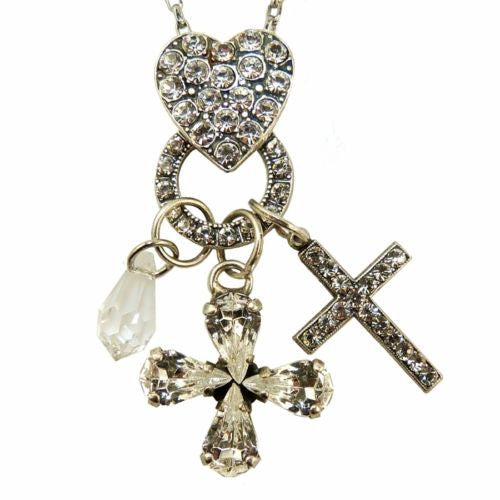 Y-shaped rosary necklace with rolo link with black swarovski, central  miraculous medal and white gold plated cross plate pendant