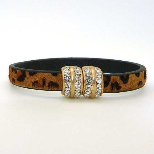 Natural Leopard Haircalf Leather & Crystal Bracelet Gold Magnetic Clasp by Acces - ILoveThatGift