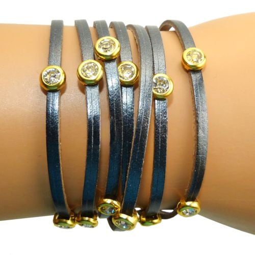 RUSH Denis & Charles Gunmetal Gray Silver Leather Wrap Bracelet Gold CZ - ILoveThatGift
