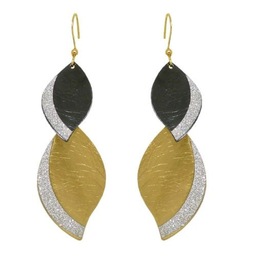 Gold tone Silver Sparkle Double Leaf Dangle Earrings RUSH Denis Charles - ILoveThatGift