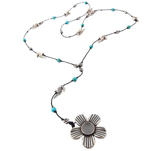 Flower Pendant Toucan Turquoise Necklace by Marah Silver Alloy Black Cotton - ILoveThatGift