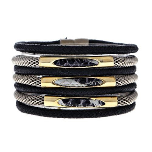 Black Rope Silver Plated Chain Gold Tube Bracelet Hagar Satat Handmade - ILoveThatGift