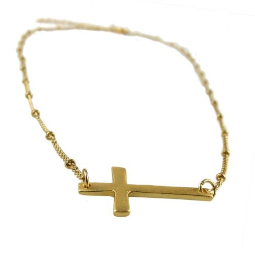 Uptown Girls Satin Gold Sideways Cross Necklace 03216G Heather - ILoveThatGift