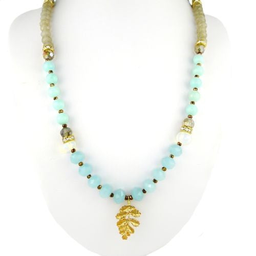 Pale Blue Gray Gold toned Bead Necklace by RUSH Denis Charles Leaf - ILoveThatGift