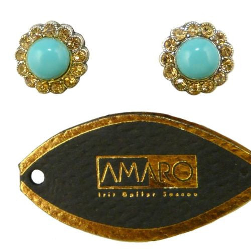 Amaro P024 Post Earrings Round Stud Swarovski Crystals Turquoise Citrine - ILoveThatGift