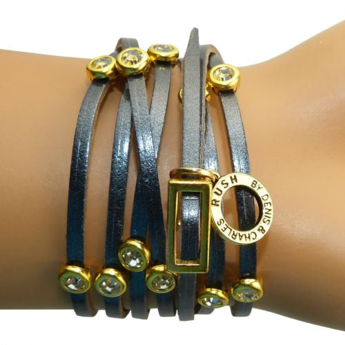 RUSH Denis & Charles Gunmetal Gray Silver Leather Wrap Bracelet Gold CZ - ILoveThatGift