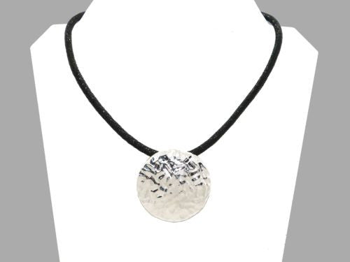 Simon Sebbag Round Hammered Sterling Silver Disc Textured Black Leather Necklace - ILoveThatGift