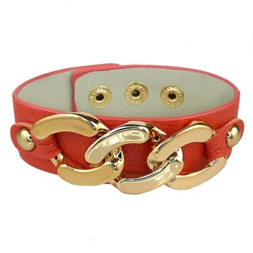 Red Leather Bracelet Gold toned Chain Link Accent Snap Closure - ILoveThatGift