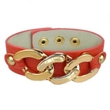 Red Leather Bracelet Gold toned Chain Link Accent Snap Closure