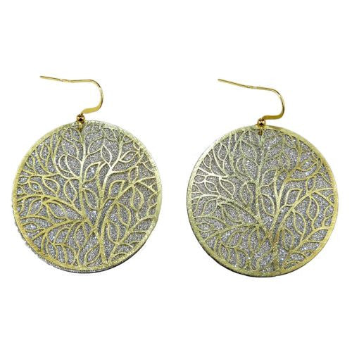 Gold tone Silver Sparkle Round Disc Earrings RUSH Denis Charles Abstract Tree Pa - ILoveThatGift