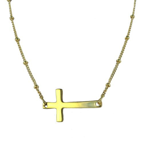 Uptown Girls Satin Gold Sideways Cross Necklace 03216G Heather - ILoveThatGift