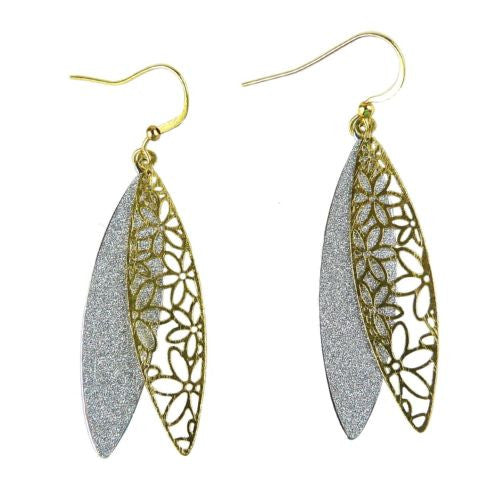 Gold tone Silver Sparkle Oval Earrings RUSH Denis Charles Abstract Flower Patter - ILoveThatGift