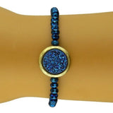 Druzy Charm and China Glass Stretch Bracelet Blue SIlver or Hematite by Funky Ju - ILoveThatGift