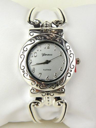 Brighton Bay Silver Geneva Cuff Watch Bracelet 8609 Round Face - ILoveThatGift