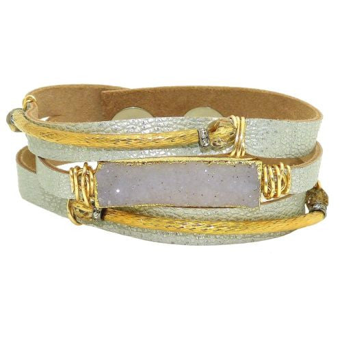 Gigi & Sugar 3 Row Silver Leather Gray Druzy Gold Wire Snap Bracelet Handmade - ILoveThatGift