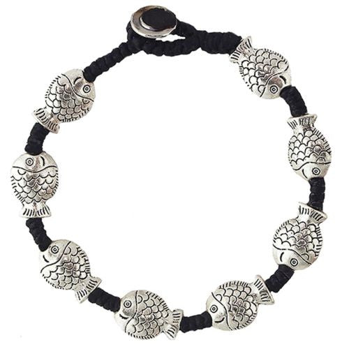 Large Fish Bracelet by Marah Silver Alloy Black Cotton - ILoveThatGift