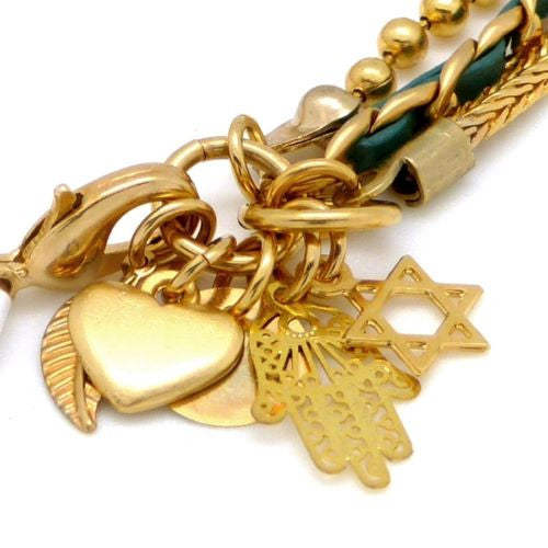 Three Chain 24K Gold Plated Turquoise Leather Charm Bracelet Hagar Satat Handmad - ILoveThatGift