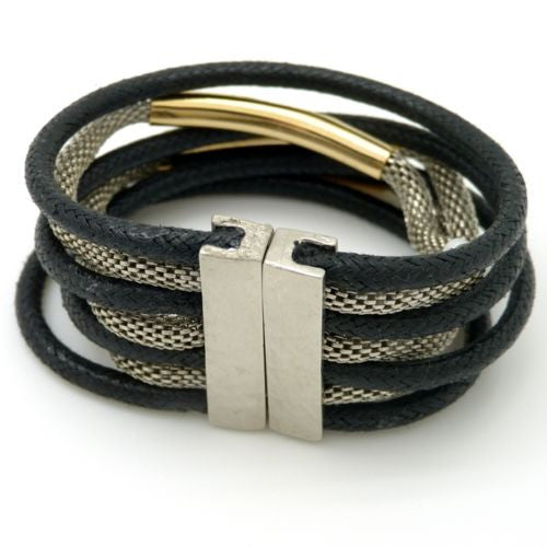 Black Rope Silver Plated Chain Gold Tube Bracelet Hagar Satat Handmade - ILoveThatGift
