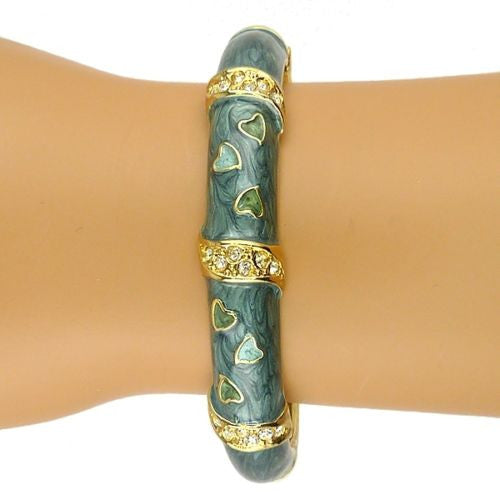 Green Swirl Enamel Gold Toned Bangle Bracelet Pave Hearts - ILoveThatGift