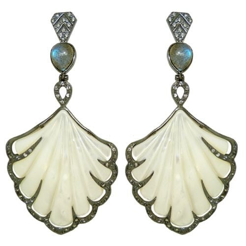 Cristina Sabatini Earrings MOP Shell Fan Earrings in Black Rhodium Labradorite - ILoveThatGift