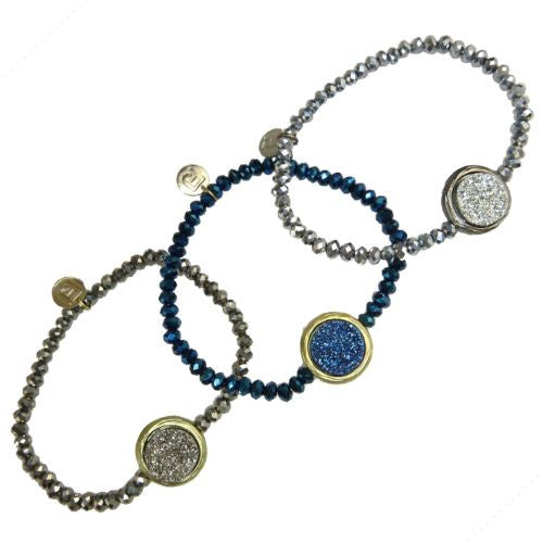 Druzy Charm and China Glass Stretch Bracelet Blue SIlver or Hematite by Funky Ju - ILoveThatGift