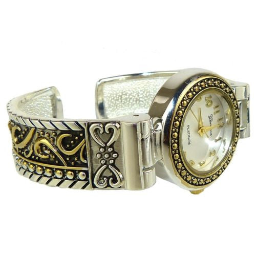 Brighton Bay Geneva Silver Gold 8646 Cuff Watch Bracelet Cable Swirls - ILoveThatGift