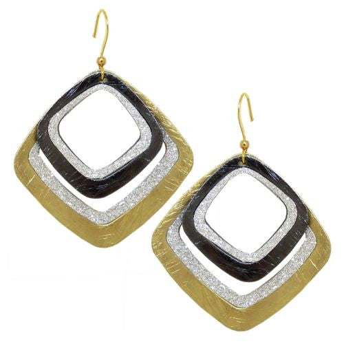Gold tone Silver Sparkle Rounded Square Double Earrings RUSH Denis Charles - ILoveThatGift