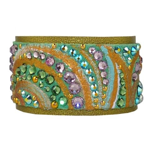 Caroline Rocha Handmade Swarovski Crystal Leather Green Gold Cuff Bracelet - ILoveThatGift