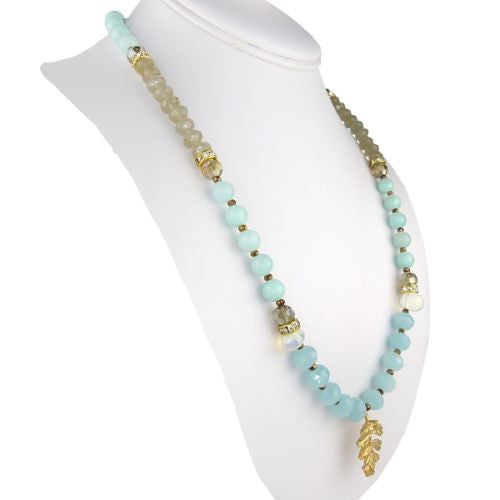Pale Blue Gray Gold toned Bead Necklace by RUSH Denis Charles Leaf - ILoveThatGift