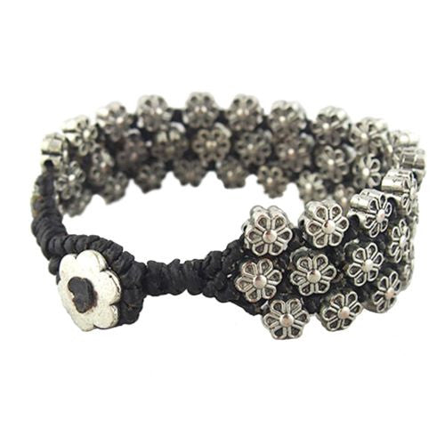 Three Row Flower Raised Bracelet by Marah Silver Alloy Black Cotton - ILoveThatGift