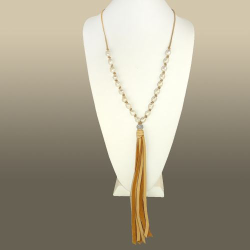 Gigi & Sugar Pearl Deerskin White Pearl Pave Ball Necklace Lariat Ella Natural - ILoveThatGift