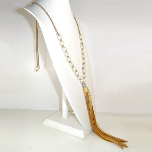 Gigi & Sugar Pearl Deerskin White Pearl Pave Ball Necklace Lariat Ella Natural - ILoveThatGift