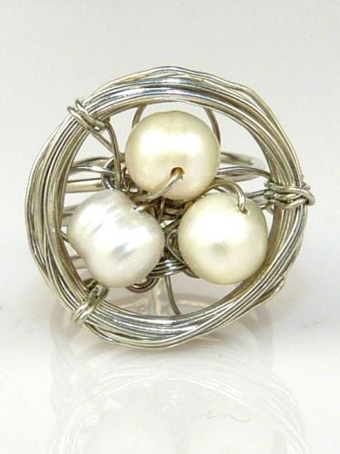 Hope Silver Wire Birds Nest White Pearl Ring Elly Preston - ILoveThatGift