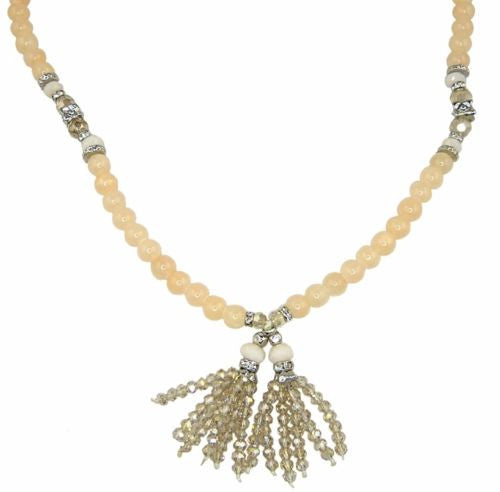 Pale Peach Silver toned Bead Necklace by RUSH Denis Charles Tassel Rhnestone - ILoveThatGift