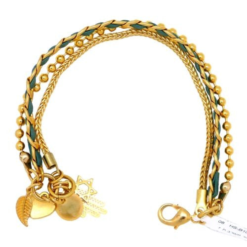 Three Chain 24K Gold Plated Turquoise Leather Charm Bracelet Hagar Satat Handmad - ILoveThatGift