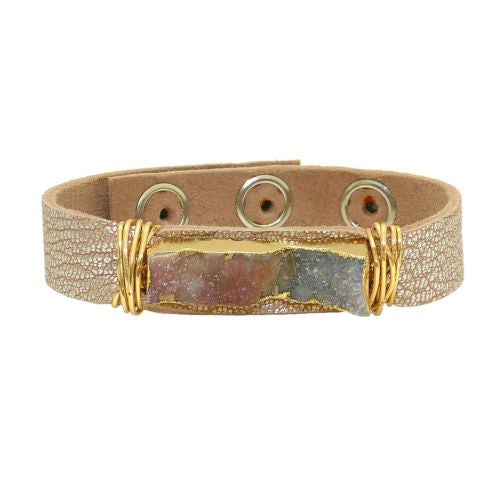 Gigi & Sugar Pink Silver Leather Gray Druzy Gold Wire Snap Bracelet Handmade - ILoveThatGift