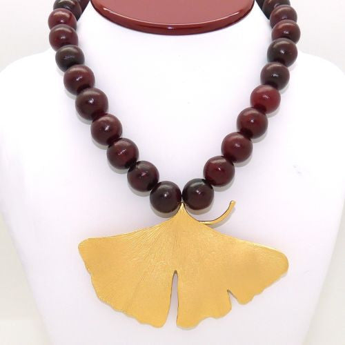 Ginkgo Bold Gold Leaf Red Horn Bead Adjustable Necklace by Michael Michaud - ILoveThatGift