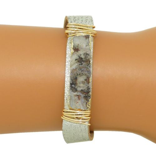Gigi & Sugar Silver Leather White Gray Druzy Gold Wire Snap Bracelet Handmade - ILoveThatGift