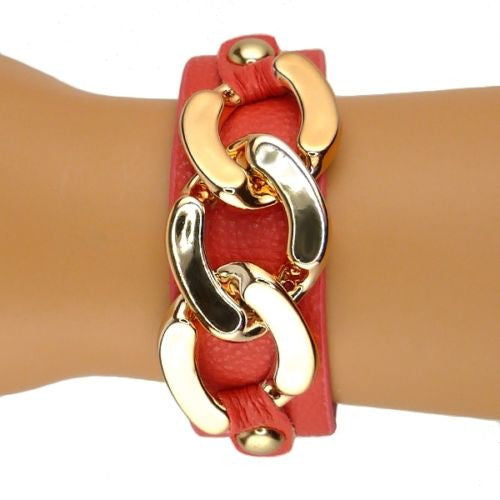 Red Leather Bracelet Gold toned Chain Link Accent Snap Closure - ILoveThatGift