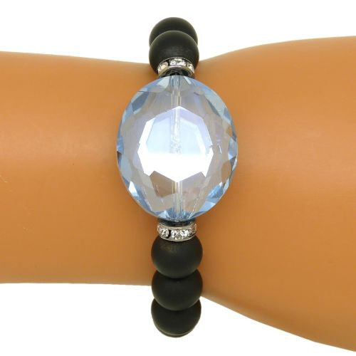 Gigi & Sugar Faceted Blue Smoke Oval Crystal Black Matte Beads Stretch Bracelet - ILoveThatGift