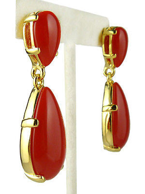 Kenneth Jay Lane Dark Coral Cabochon 18K Gold Plate Drop Pierced 3922EGDCP Earri - ILoveThatGift
