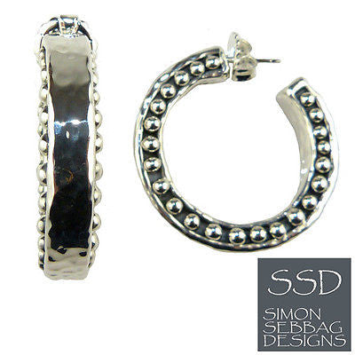 Simon Sebbag Large Hammered Beaded Sterling Silver Hoop Earrings E2698 - ILoveThatGift