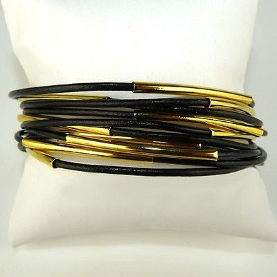 Black Leather Bracelet with Gold Metal Bars by Athena Designs - ILoveThatGift