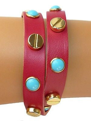 Leather Turquoise Nail Gold Screw Stud 2 x Wrap Bracelet RUSH Magenta Pink Denis - ILoveThatGift