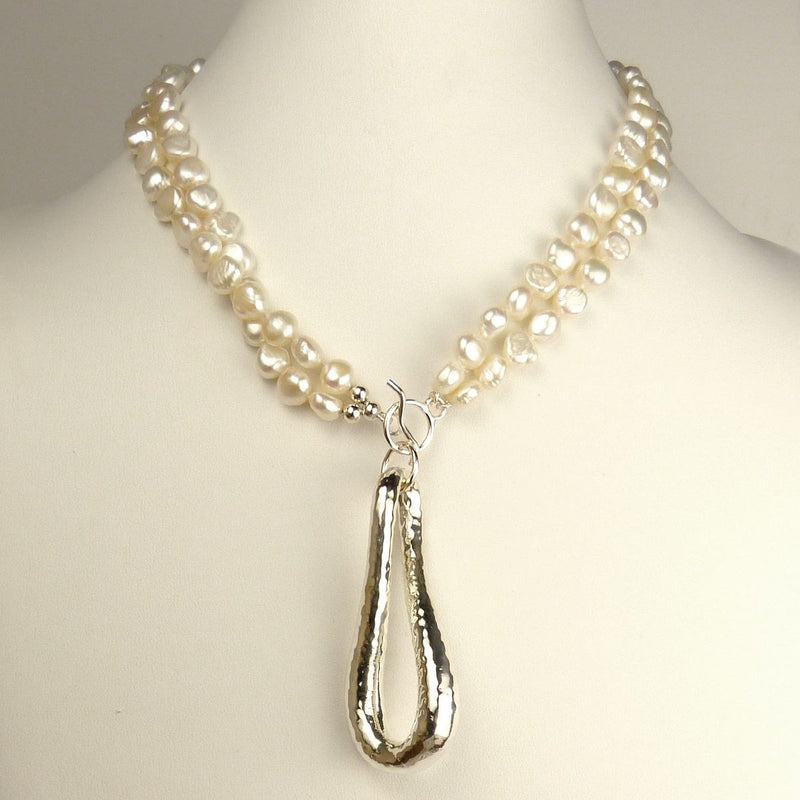 Simon Sebbag White Pearl Necklace Sterling Silver Hammered Pendant Convertible PN513D_Pearl - ILoveThatGift