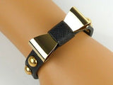 Leather Bracelet Gold toned Bow Accent Black Bracelet Designer Inspired - ILoveThatGift