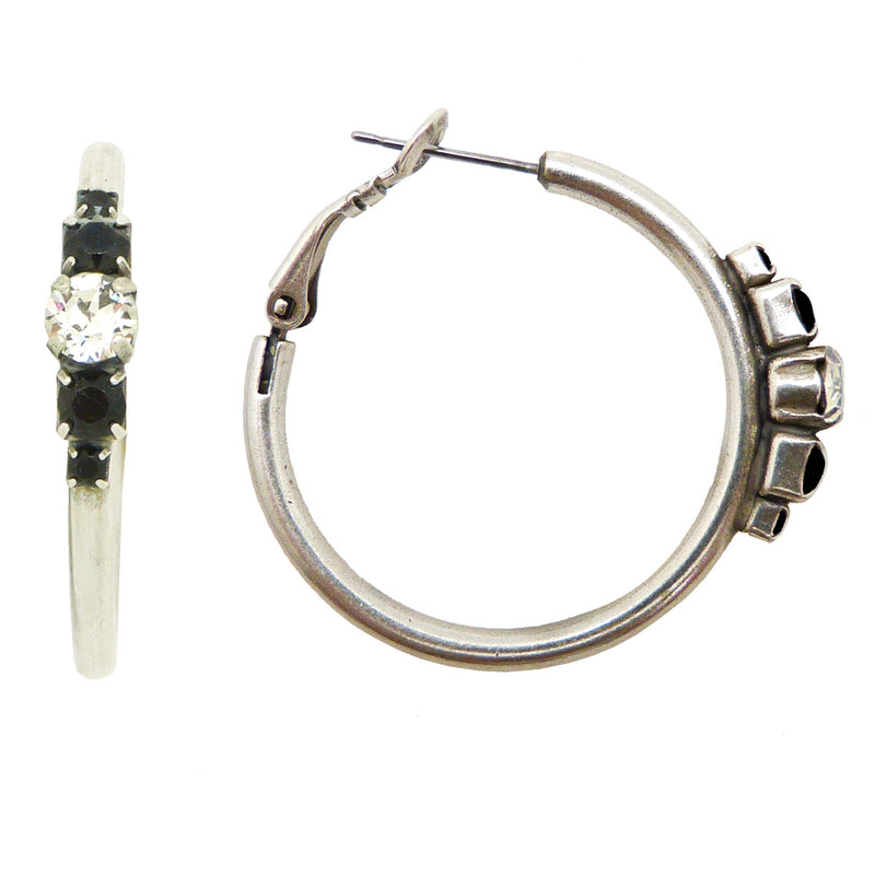 Dorata Handmade Swarovski Crystal Clear Jet Black Hoop Earrings wear with Mariana - ILoveThatGift