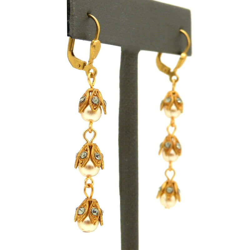 La Vie Parisienne Gold 3 Tier Capped Pearl Bead Earrings 9416G Catherine Popesco - ILoveThatGift