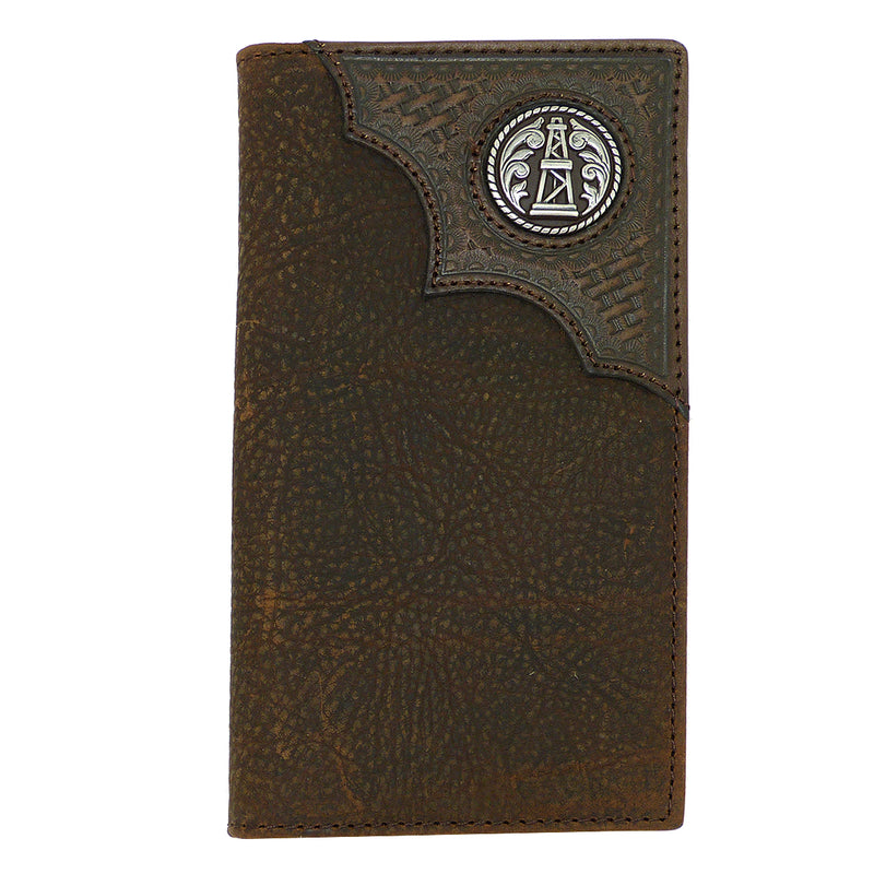 Ariat Western Mens Leather Oil Rig Shield Basket Weave Wallet Checkbook Cover - ILoveThatGift