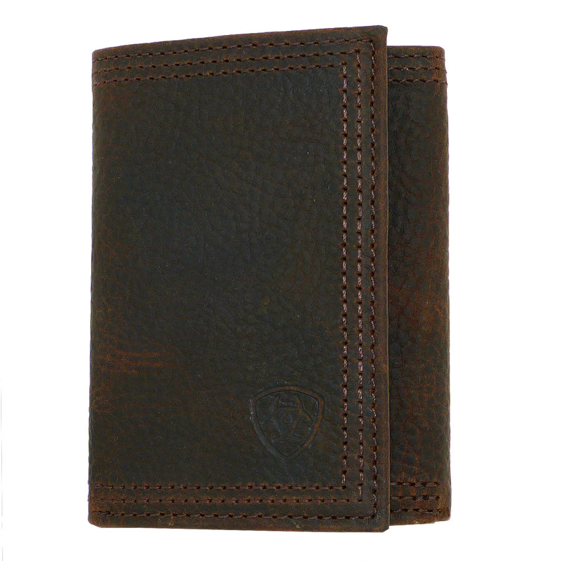 Ariat Western Mens Leather Shield Dark Brown Rowdy Tri-Fold Wallet - ILoveThatGift